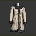 Long Cream Colored Coat With Fur Collar Dark Fur Trim And Tie Front Design