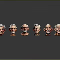 Old Man Head Models With Six Different Expressions On Gray Background And Reflections