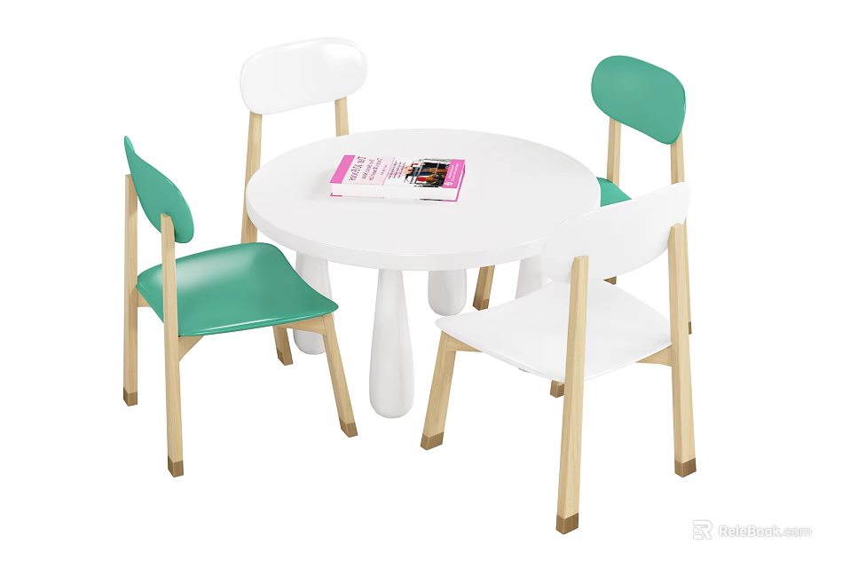 Kindergarten Classroom With White Round Table Green And White Chairs And Pink Book 3d model 