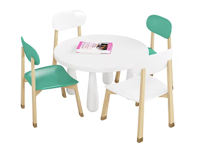Kindergarten Classroom With White Round Table Green And White Chairs And Pink Book 3d model