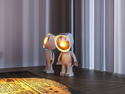 Humanoid Design Floor Lamps With Glowing Head And Warm Light On Wooden Floor Curtain Background 3d model
