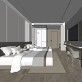 Hotel Guest Room Two Beds White Sheets Gray Runners Wooden Flooring Desk TV Green Plant