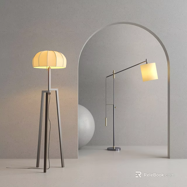 Modern Floor Lamps With Wooden And Metal Stands Light Shades In Neutral Wall Archway 3d model 