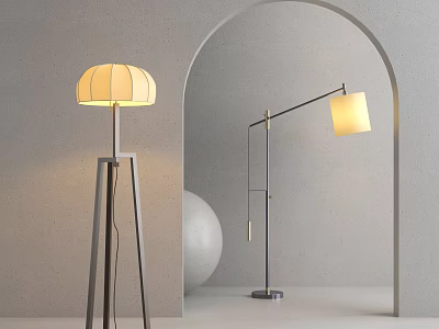 Modern Floor Lamps With Wooden And Metal Stands Light Shades In Neutral Wall Archway 3d model