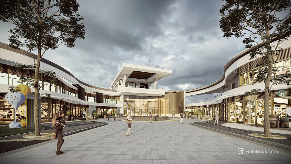 Modern Commercial Plaza With Curved Buildings Pedestrians Walking And Trees 3d model 