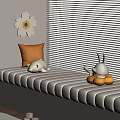 Beige Striped Sofa Bed With Orange Cushion White Bear Rabbit Dolls Yellow Flower Cushion Blinds