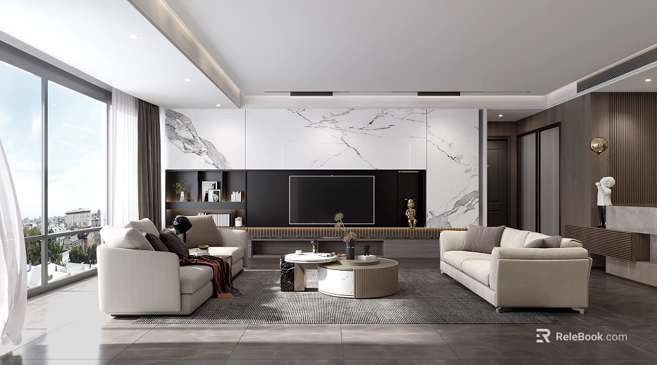 Modern Living Room With Marble Accent Wall Beige Sofas And Round Coffee Table 3d model