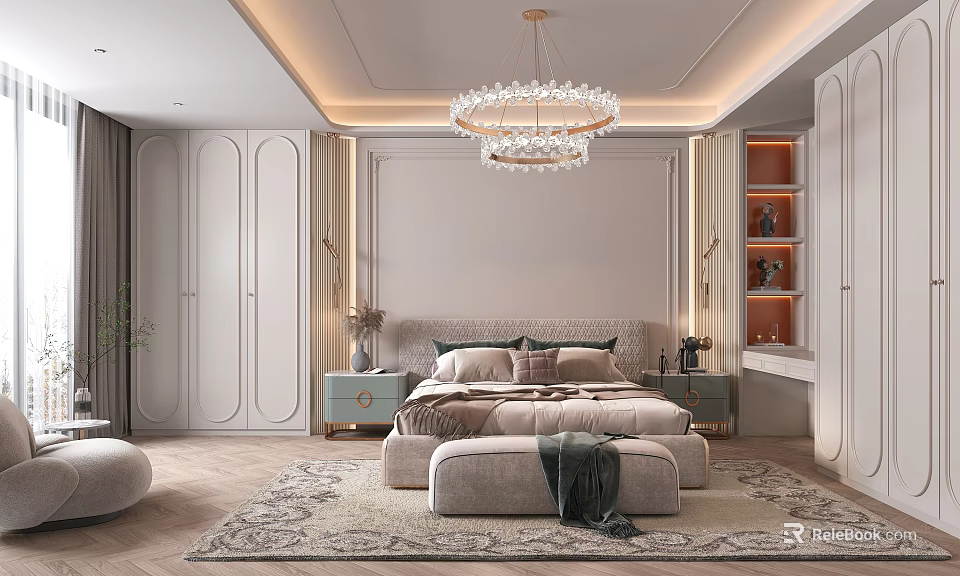 Elegant Modern Bedroom Interior With Upholstered Bed Crystal Chandelier And Area Rug 3d model 