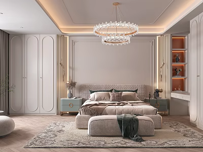 Elegant Modern Bedroom Interior With Upholstered Bed Crystal Chandelier And Area Rug 3d model