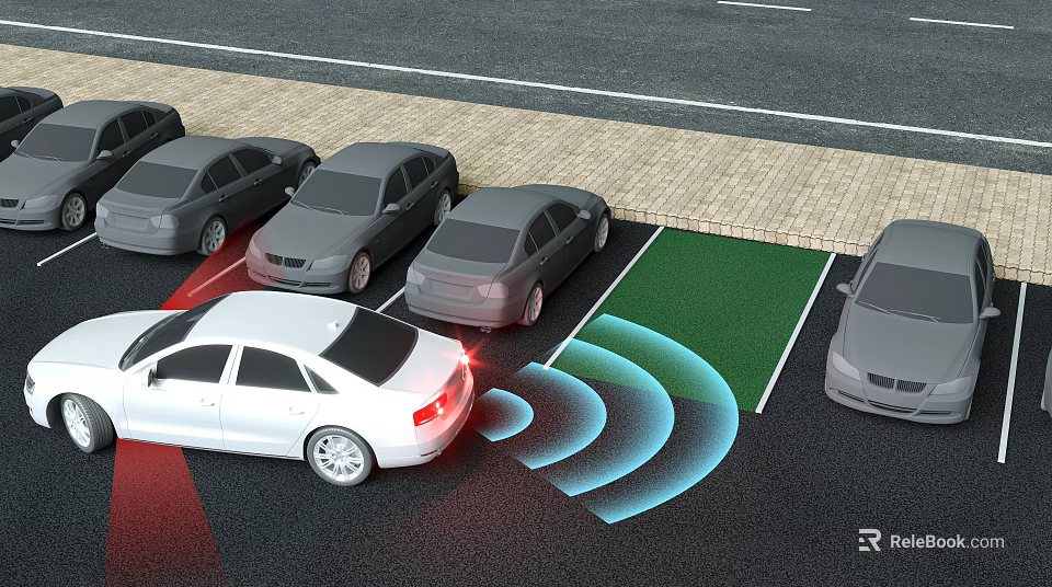 White Car Reversing In Parking Lot With Parking Assist Sensor System 3d model 