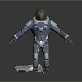 Ape in Blue and Silver Spacesuit Standing with Green Object on Gray Background