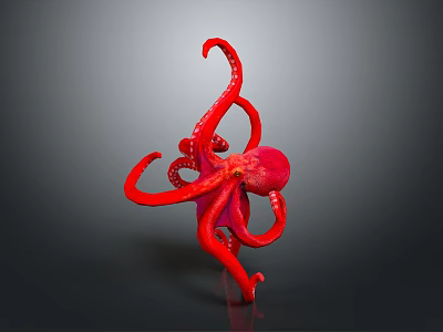Vibrant Red Octopus With Curled Tentacles In Dynamic Pose On Dark Background 3d model