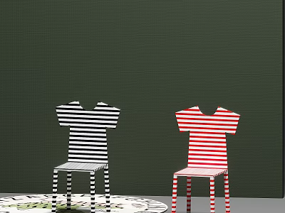 Striped T-shirt Shaped Single Chair Design With Black White And Red Patterns Against Green Wall 3d model