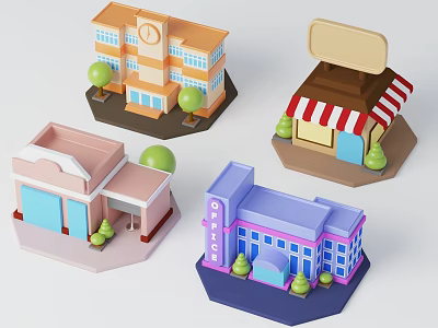 Cartoon Scene With Various Miniature 3D Buildings Including Cinema Shop And School 3d model