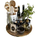 Stylish Kitchen Utensils With Glass Bottles Green Plants Mugs And Wooden Tray