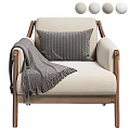 Modern Gray Accent Chair with Wooden Frame Striped Pillow and Fringed Blanket