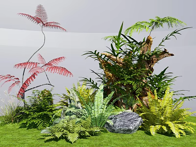Vibrant Red And Green Ferns With Various Green Plants On Grassy Ground And Rock 3d model