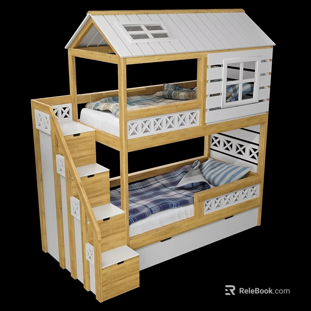 Wooden Kids Twin Over Twin Bunk Bed With Staircase And Playful Window Design 3d model 