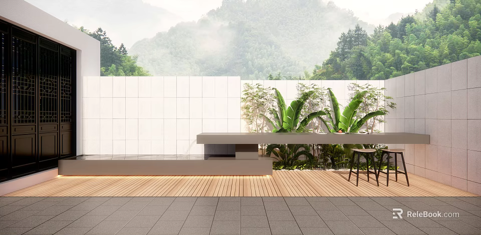 Stylish Garden Space With White Wall Wooden Deck Green Plants And Mountain View 3d model 