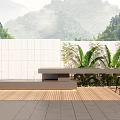 Stylish Garden Space With White Wall Wooden Deck Green Plants And Mountain View