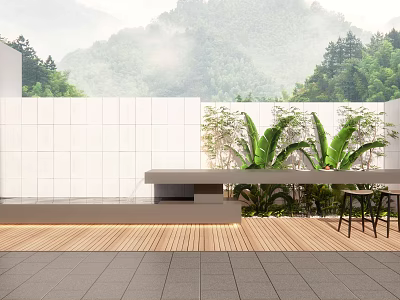 Stylish Garden Space With White Wall Wooden Deck Green Plants And Mountain View 3d model
