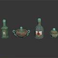 Decorative Glass And Ceramic Bottles With Painted Designs On Black Reflective Surface