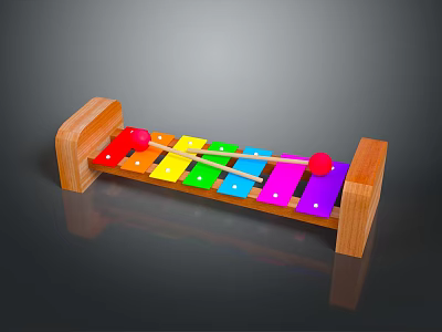 Colorful Wooden Xylophone with Multicolored Keys and Red Mallets on Dark Glossy Surface 3d model