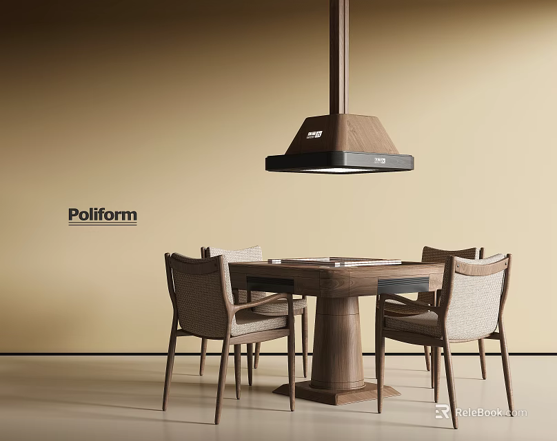 Modern Entertainment Table With Four Chairs And Pendant Lamp In Warm Interior 3d model 