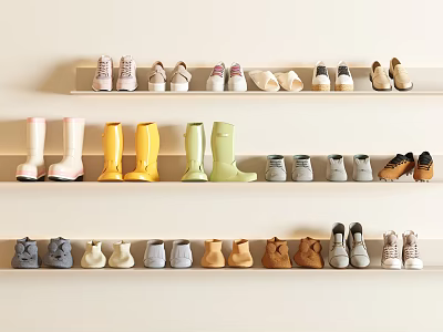 Various Colorful Shoes Including Boots And Sneakers Arranged On Multiple Shelves 3d model
