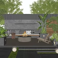 Courtyard Garden Design With Wooden Fence Bench Fire Pit Plants Fountain Lanterns And Lawn Lights