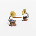 Two Vintage Gramophones With Yellow Horns And Decorative Wooden Bases