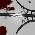 Ancient Metal Weapon with Intricate Curved Blades Lying on Mossy Bloodstained Stone Ground