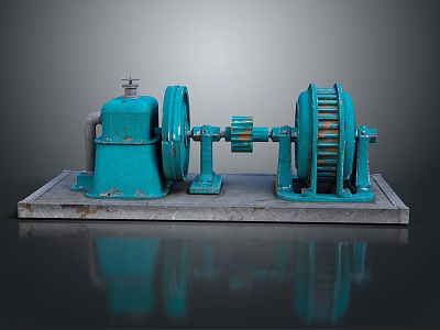 Vintage Turquoise Mechanical Device With Rotating Wheels Gears And Concrete Base 3d model