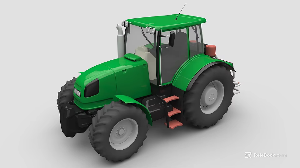 Green Agricultural Tractor with Spacious Cab Large Wheels and Red Steps Design 3d model 