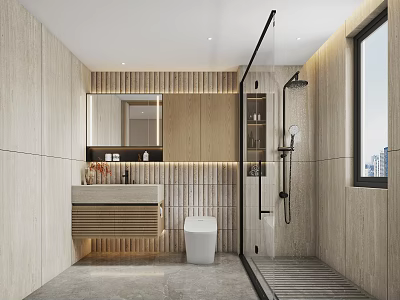 Modern Bathroom Featuring Light Wood Tile Walls Glass Partition Vanity Mirror Toilet And Natural Light 3d model