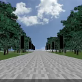 Wide Stone Pathway With Green Trees On Both Sides And Colorful Banners Under Blue Sky