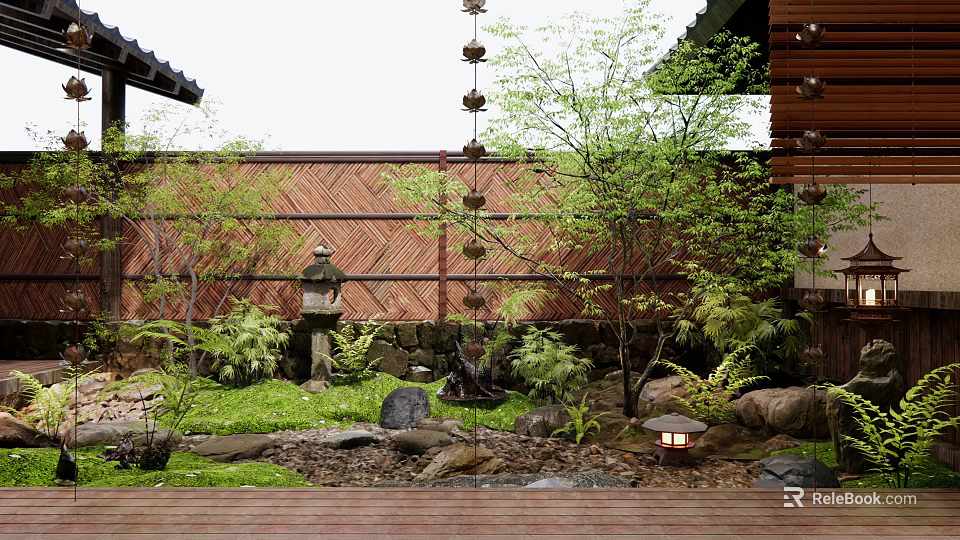 Relaxing Japanese Courtyard Garden with Bamboo Fence Stone Lantern Lush Plants Rocks and Wooden Deck 3d model 