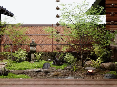 Relaxing Japanese Courtyard Garden with Bamboo Fence Stone Lantern Lush Plants Rocks and Wooden Deck 3d model