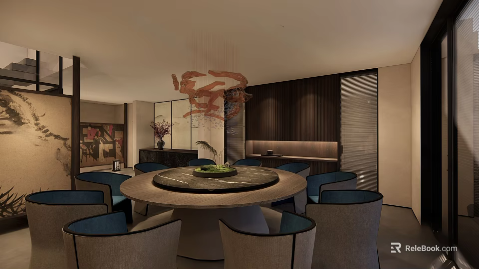 Modern Restaurant Interior With Round Dining Table Blue Seats Green Plant And Dark Wooden Walls 3d model 