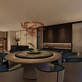 Modern Restaurant Interior With Round Dining Table Blue Seats Green Plant And Dark Wooden Walls