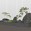 Mini Garden Ornament Featuring Black Rectangular Basin Stones Small Trees And White Blinds Background
