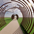 Circular Metal Pergola With Stone Pathway In Grass Field Under Blue Sky And White Clouds