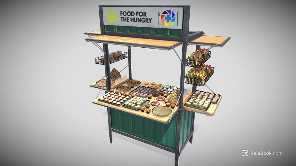 Food For The Hungry Food Stall With Variety Of Pastries Bread Snacks On Display Shelves 3d model 