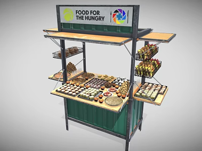 Food For The Hungry Food Stall With Variety Of Pastries Bread Snacks On Display Shelves 3d model