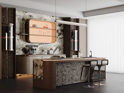 Modern Restaurant Interior Featuring Marble Bar Counter Wooden Cabinets And Pendant Lighting 3d model