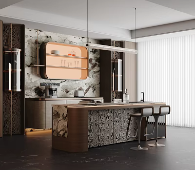 Modern Restaurant Interior Featuring Marble Bar Counter Wooden Cabinets And Pendant Lighting 3d model