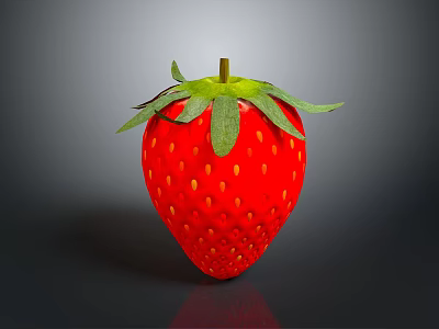 Fresh Juicy Red Strawberry With Green Leaves And Stem On Dark Gray Background 3d model