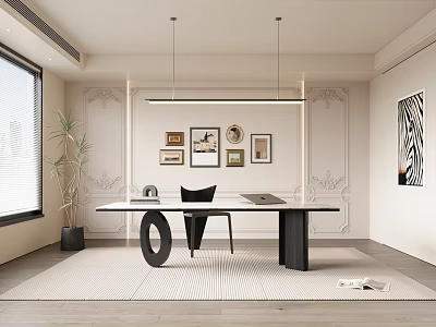 Modern Cream Study Desk Chair Chandelier Combination Hanging Picture 3d model