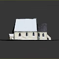 Cartoon Scene Featuring Church with White and Black Roof on Circular Lawn Pathway and Cars
