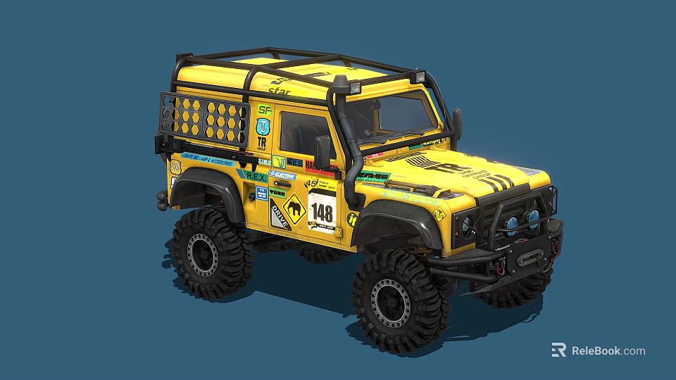 Yellow Custom Off Road Vehicle With Roof Rack Decals And Large Off Road Tires 3d model 